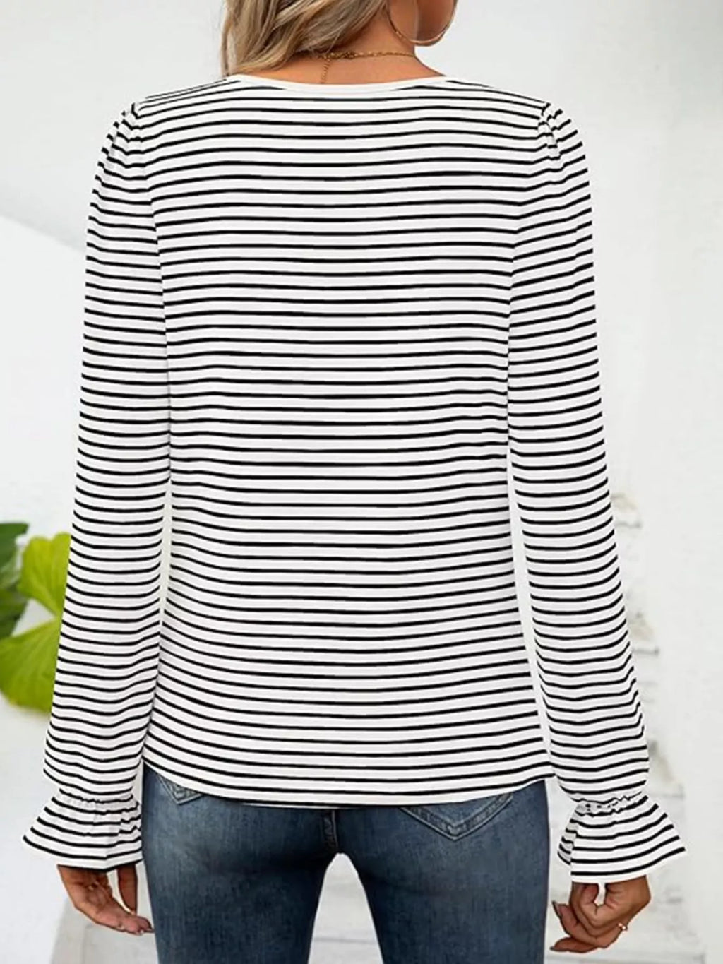 Sarah Express Women's Striped Long Sleeve T-Shirt with Square Neckline