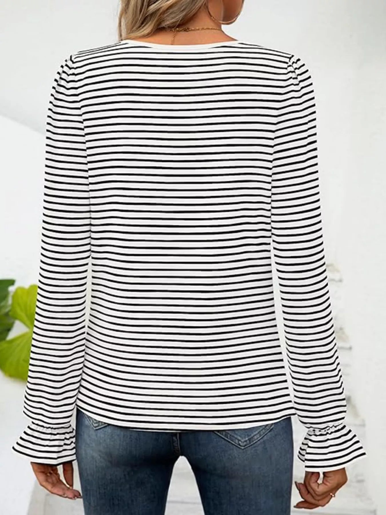 Sarah Express Women's Striped Long Sleeve T-Shirt with Square Neckline