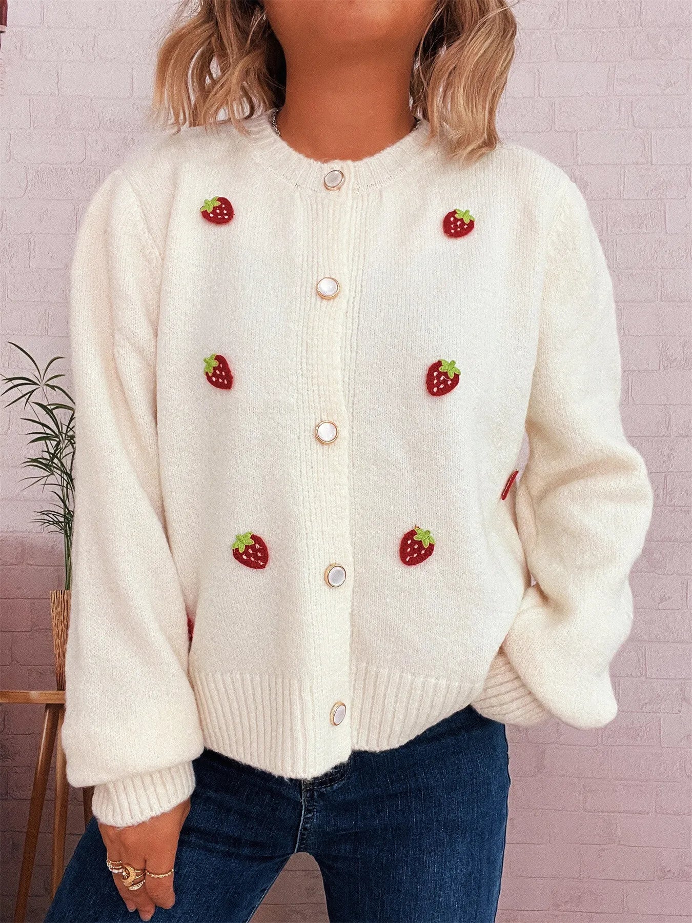 Sarah Express Women's Strawberry Button Up Long Sleeve Cardigan White One Size