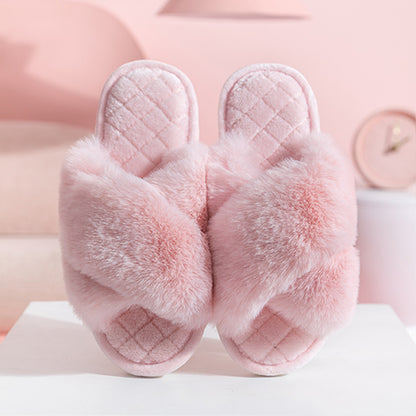 Sarah Express Furry Cross-Strap Plush Slides Indoor Slippers Pink