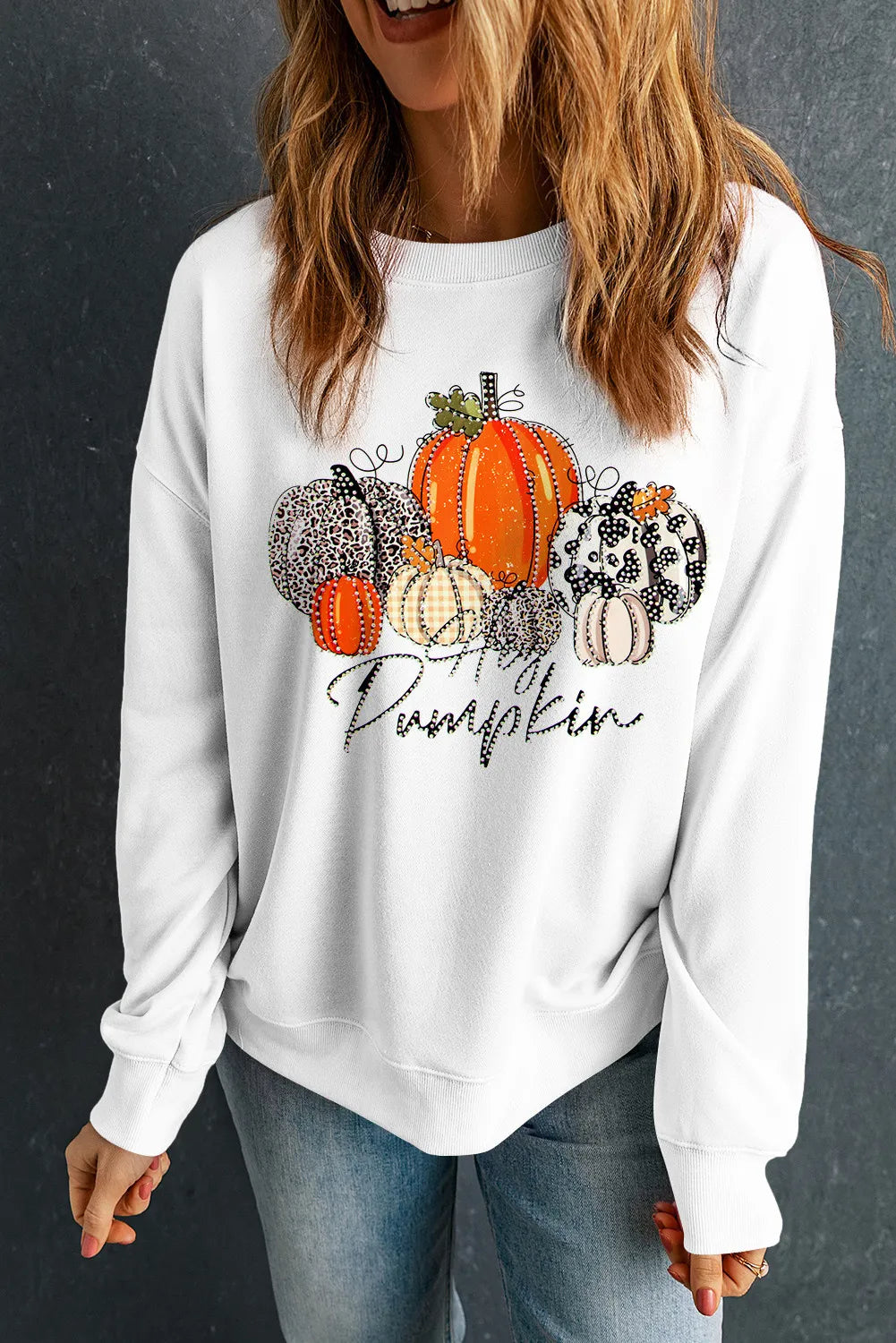 Sarah Express Women's Pumpkin Graphic Round Neck Dropped Shoulder Sweatshirt