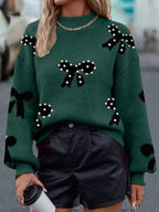 Sarah Express Women's Pearl Bow-Embellished Long Sleeve Sweater Dark Green
