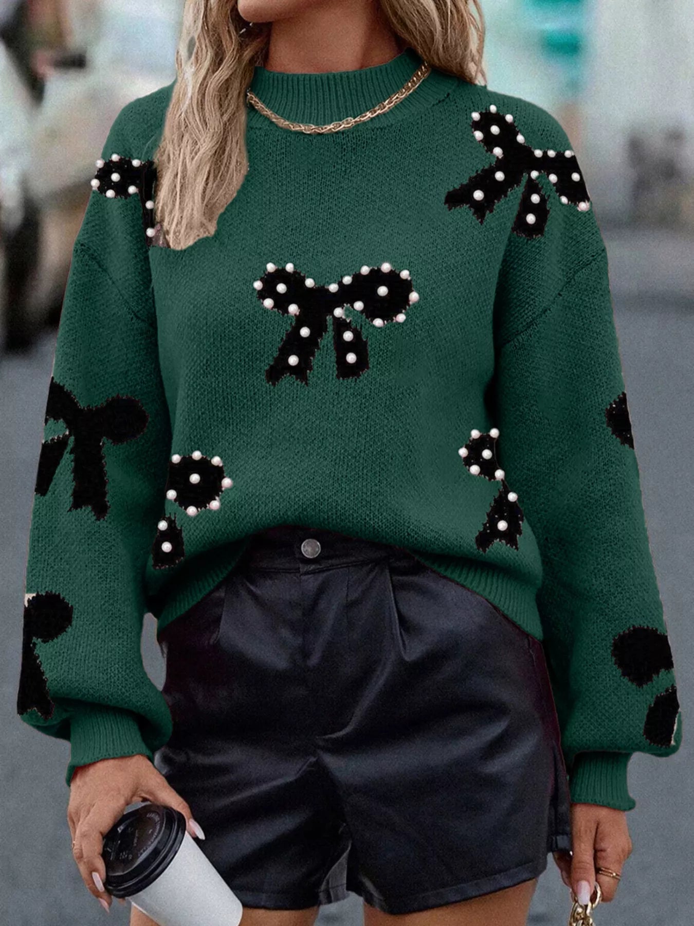 Sarah Express Women's Pearl Bow-Embellished Long Sleeve Sweater Dark Green