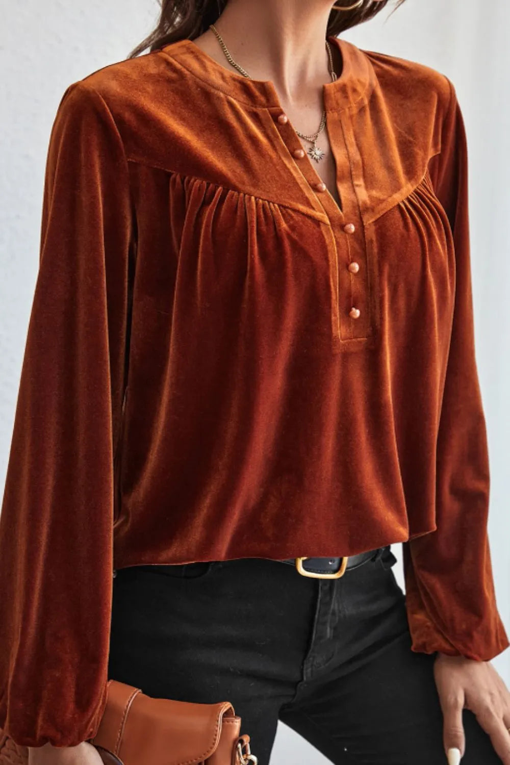 Sarah Express Women's Notched Long Sleeve Velvet Top Brown