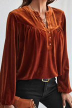 Sarah Express Women's Notched Long Sleeve Velvet Top Brown