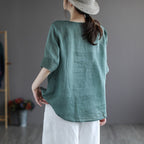 Women's Embroidered Cotton Linen V-Neck T-Shirt Ethnic Retro Style Short Sleeve