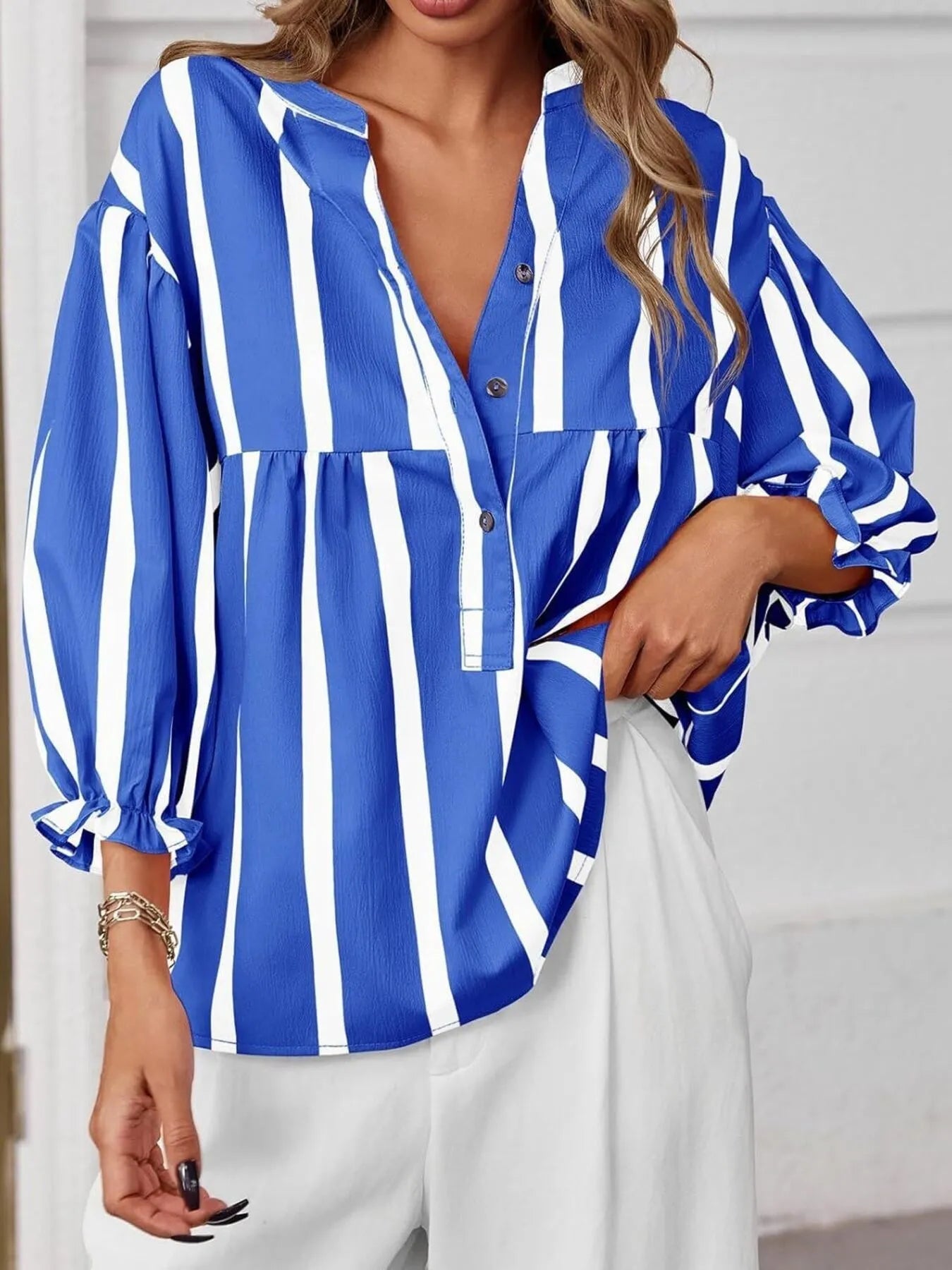 Sarah Express Women's Striped Button Front Notched Blouse Blue