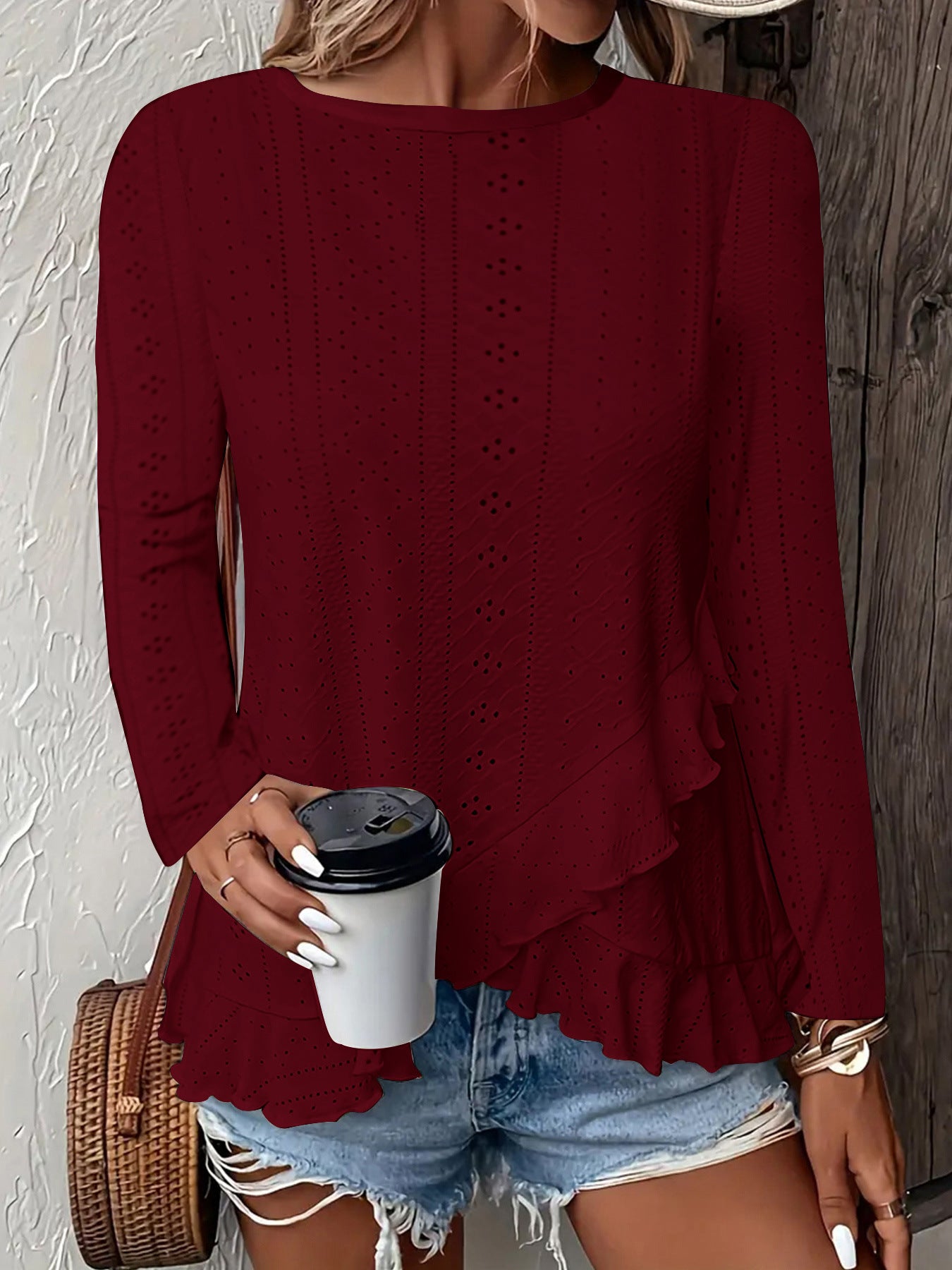 Women's Solid Color Long Sleeve Pullover Top Round Neck Loose Fit