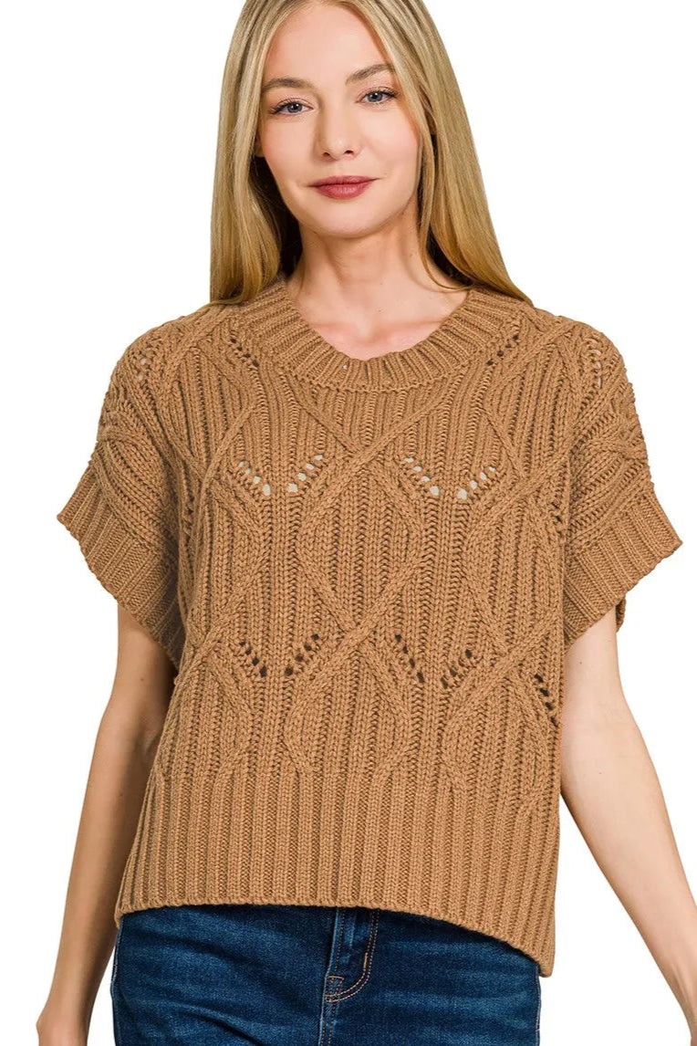Sarah Express Women’s Short Sleeve Cable Knit Sweater Casual All-Season