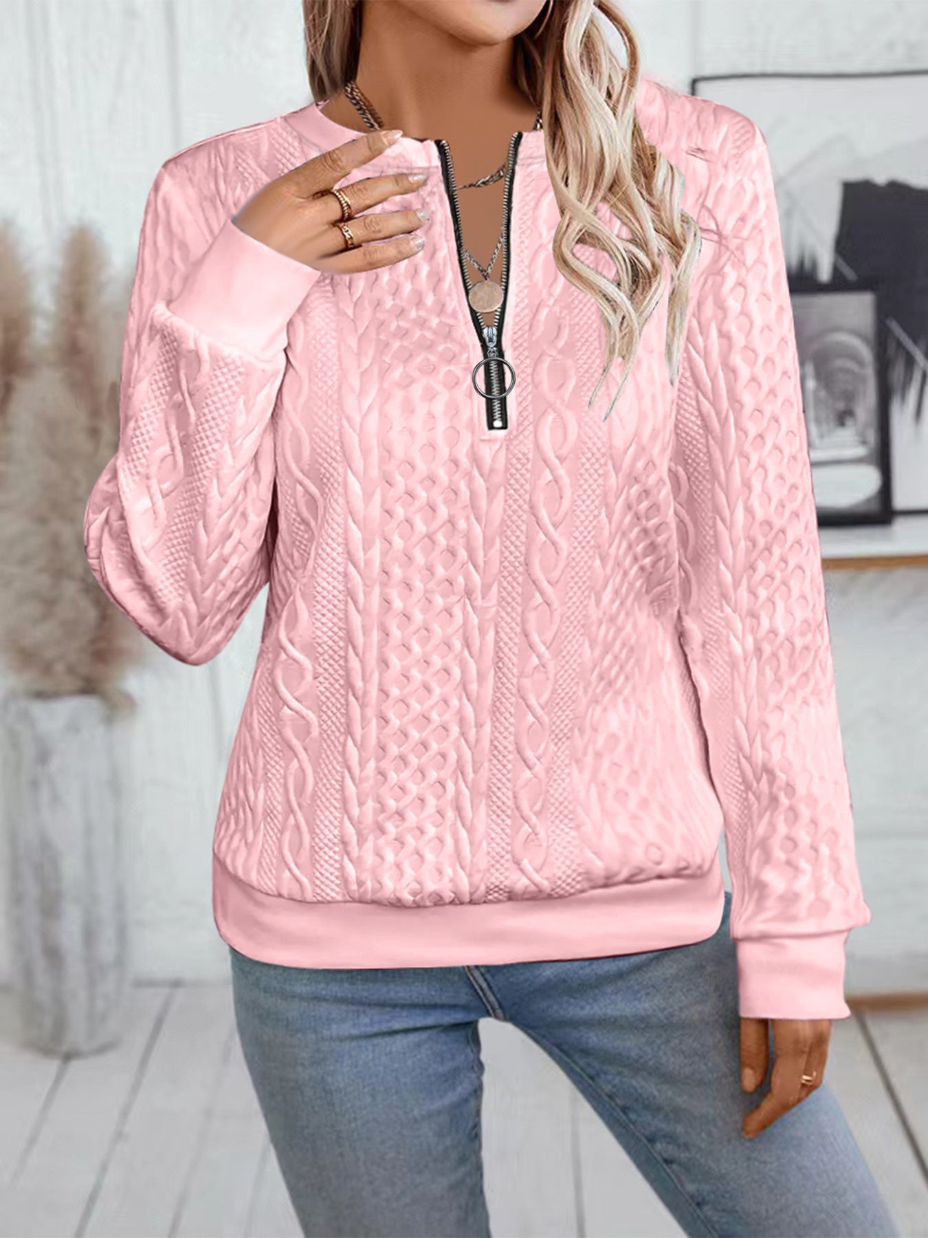 Women's Zipper Detail Long Sleeve Sweater Casual Loose Fit Pullover Top