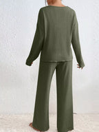 Sarah Express Women's Ribbed V-Neck Top and Pants Lounge Set - Two Piece Outfit