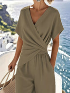 Sarah Express Women's Surplice Short Sleeve Top and Pants Set - Two Piece Outfit