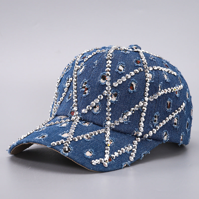 Rhinestone Leopard Denim Baseball Cap Distressed Cotton Adjustable Hat