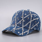 Rhinestone Leopard Denim Baseball Cap Distressed Cotton Adjustable Hat