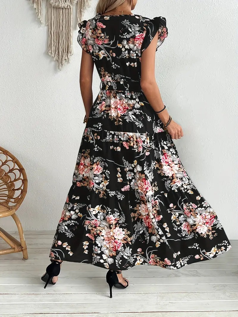 Women's Black Floral Print Dress Polyester