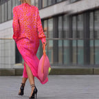 Women's Leopard Print V-Neck Long Sleeve Dress with Pockets