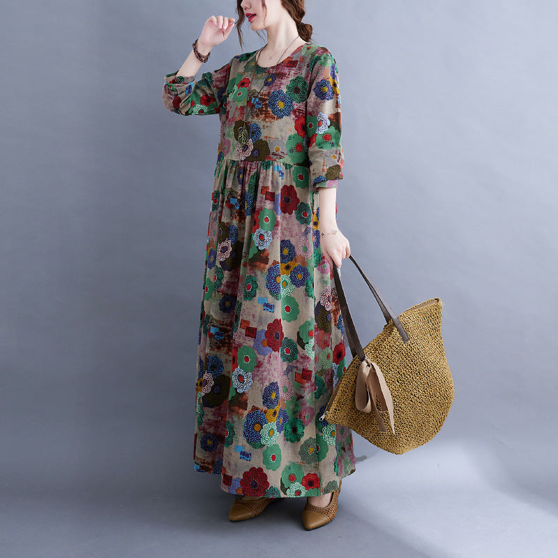 Women's Plus Size Printed Maxi Dress Long Sleeve Cotton Blend Literary Sweet Style