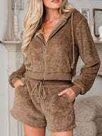 Sarah Express Women's Zip Up Hoodie and Drawstring Shorts 2pcs Outfit