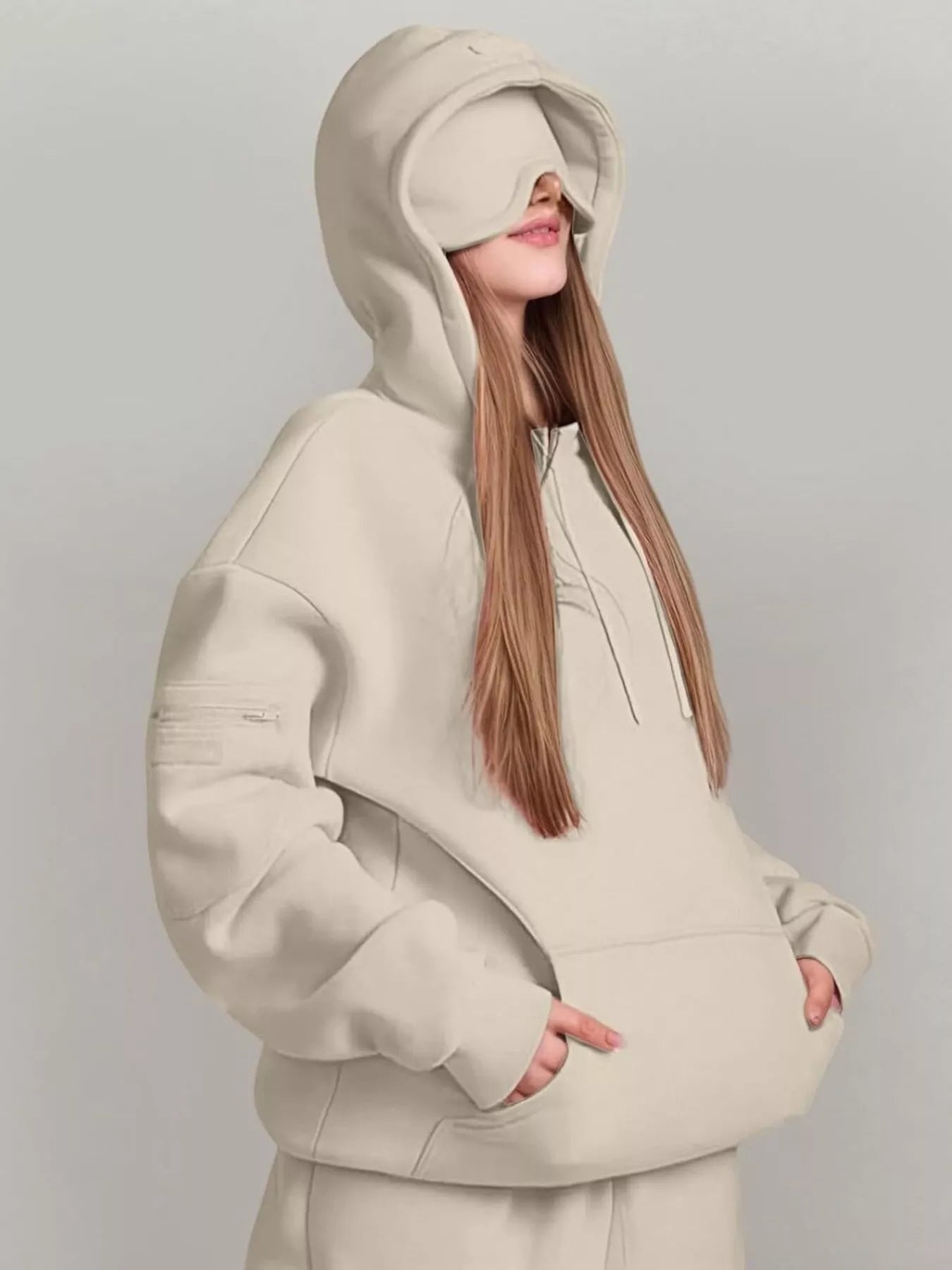 Sarah Express Women's Oversized Kangaroo Pocket Long Sleeve Hoodie Plus Size Beige