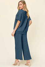 Sarah Express Women's Textured Short Sleeve Top and Pants Set - Two Piece Outfit