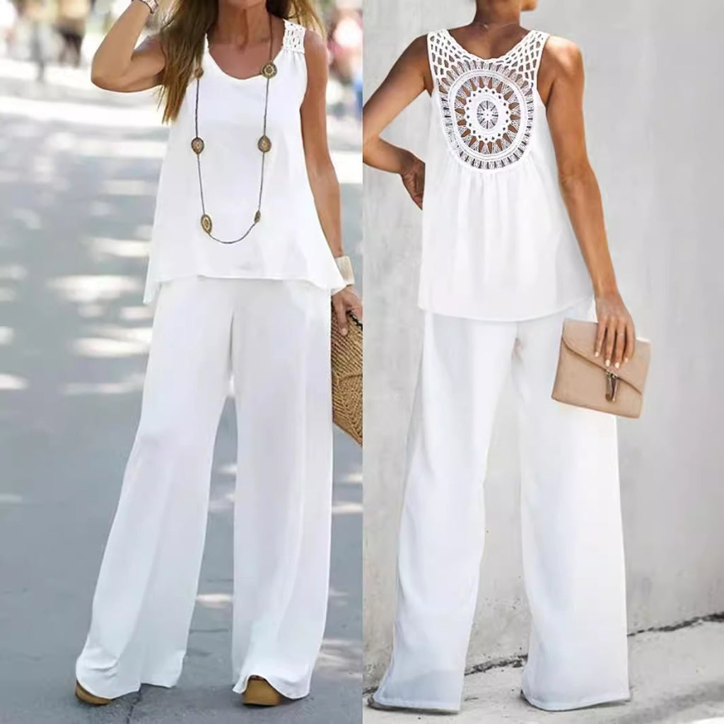 Women's Sleeveless Top and Pants Set with Lace Back Detail