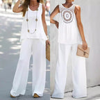 Women's Sleeveless Top and Pants Set with Lace Back Detail
