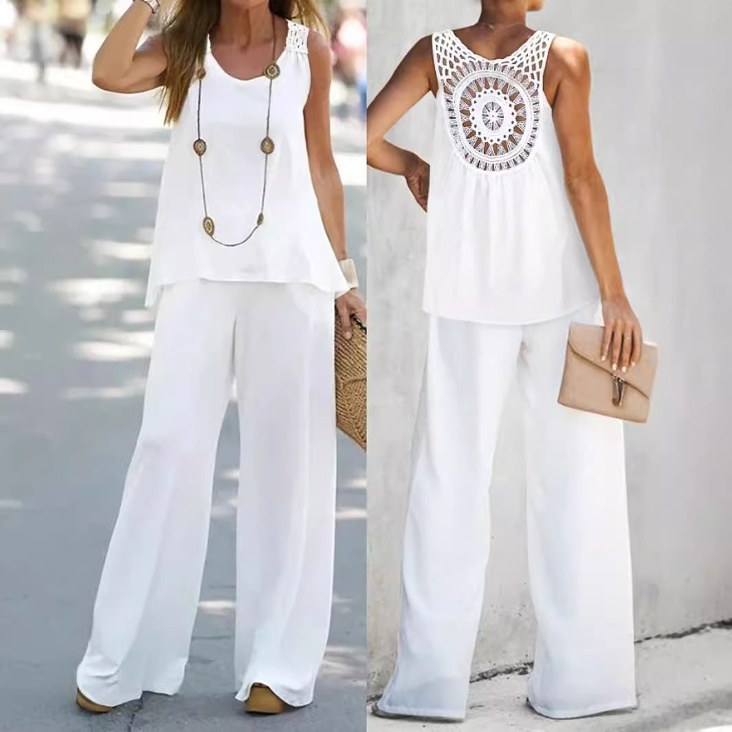 Women's Sleeveless Top and Pants Set with Lace Back Detail
