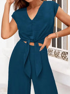 Sarah Express Women's Tie Front Top and Wide Leg Pants Set