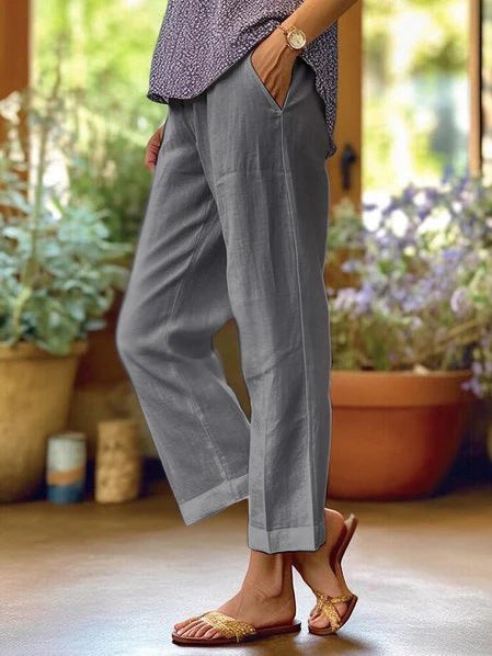 Women's Cotton Straight Leg Pants - Casual Mid-Waist Loose Fit Trousers