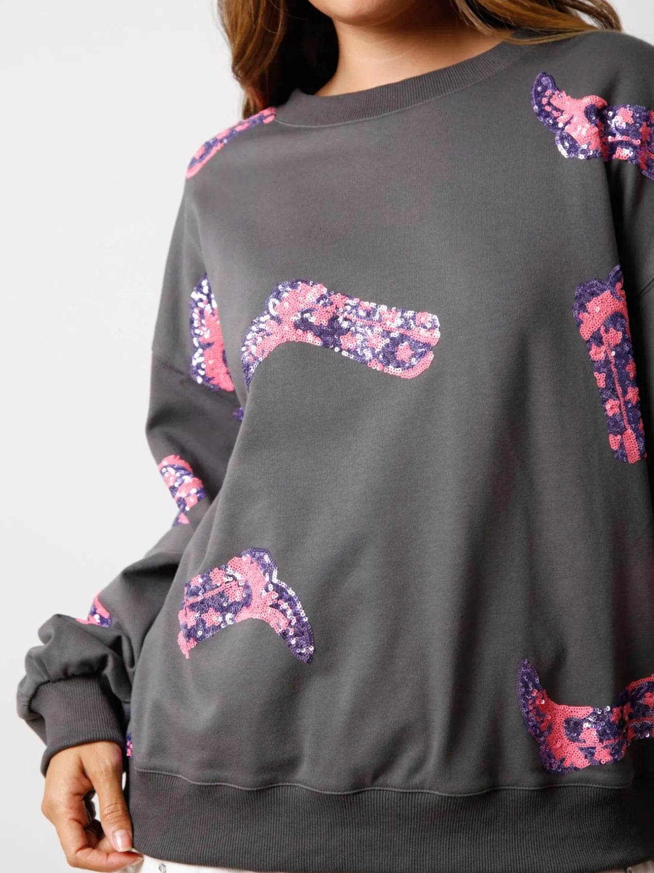 Sarah Express Women's Sequin Boot Crewneck Sweatshirt