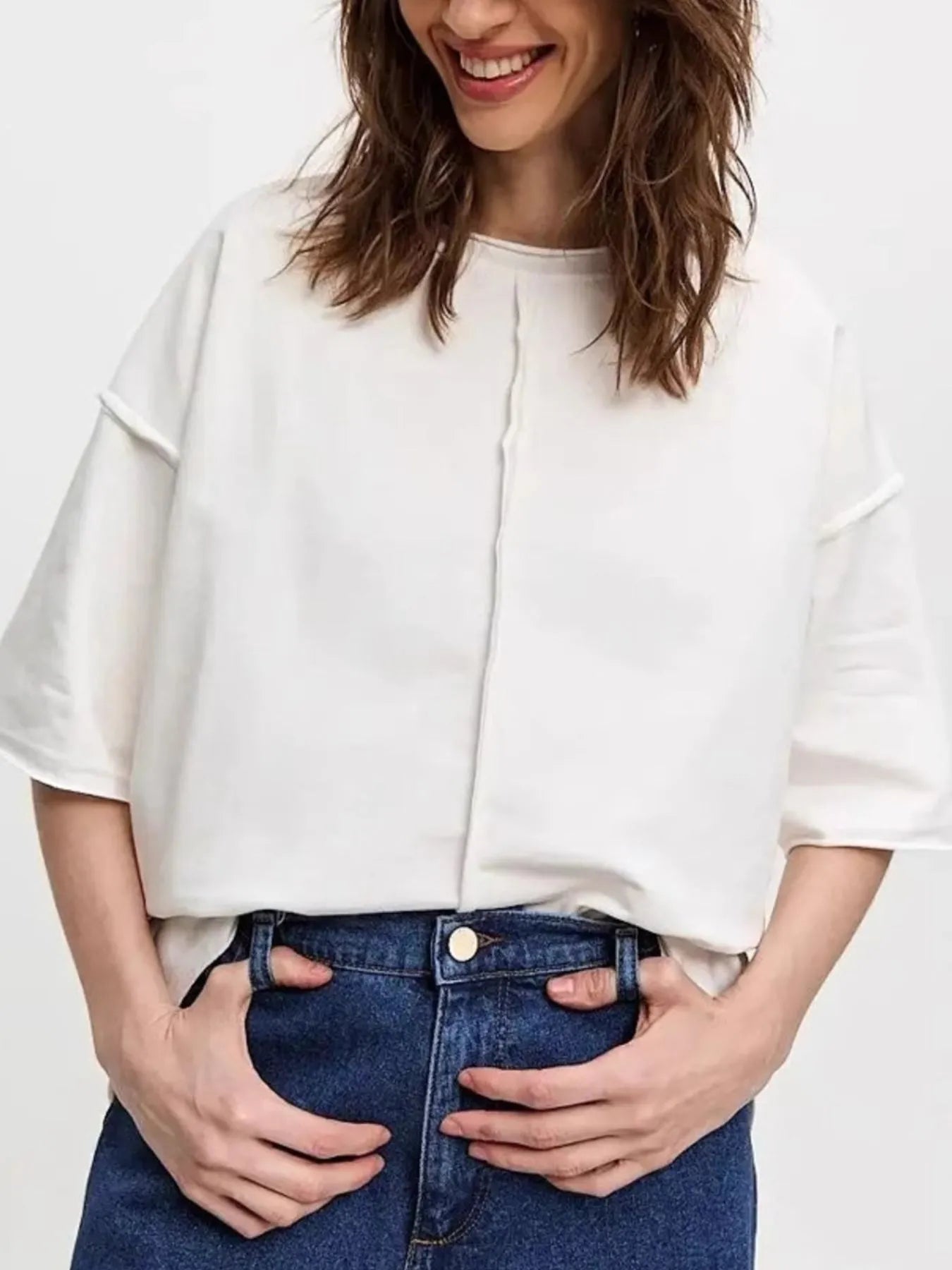 Sarah Express Women's Round Neck Half Sleeve T-Shirt - Oversized Basic Style White