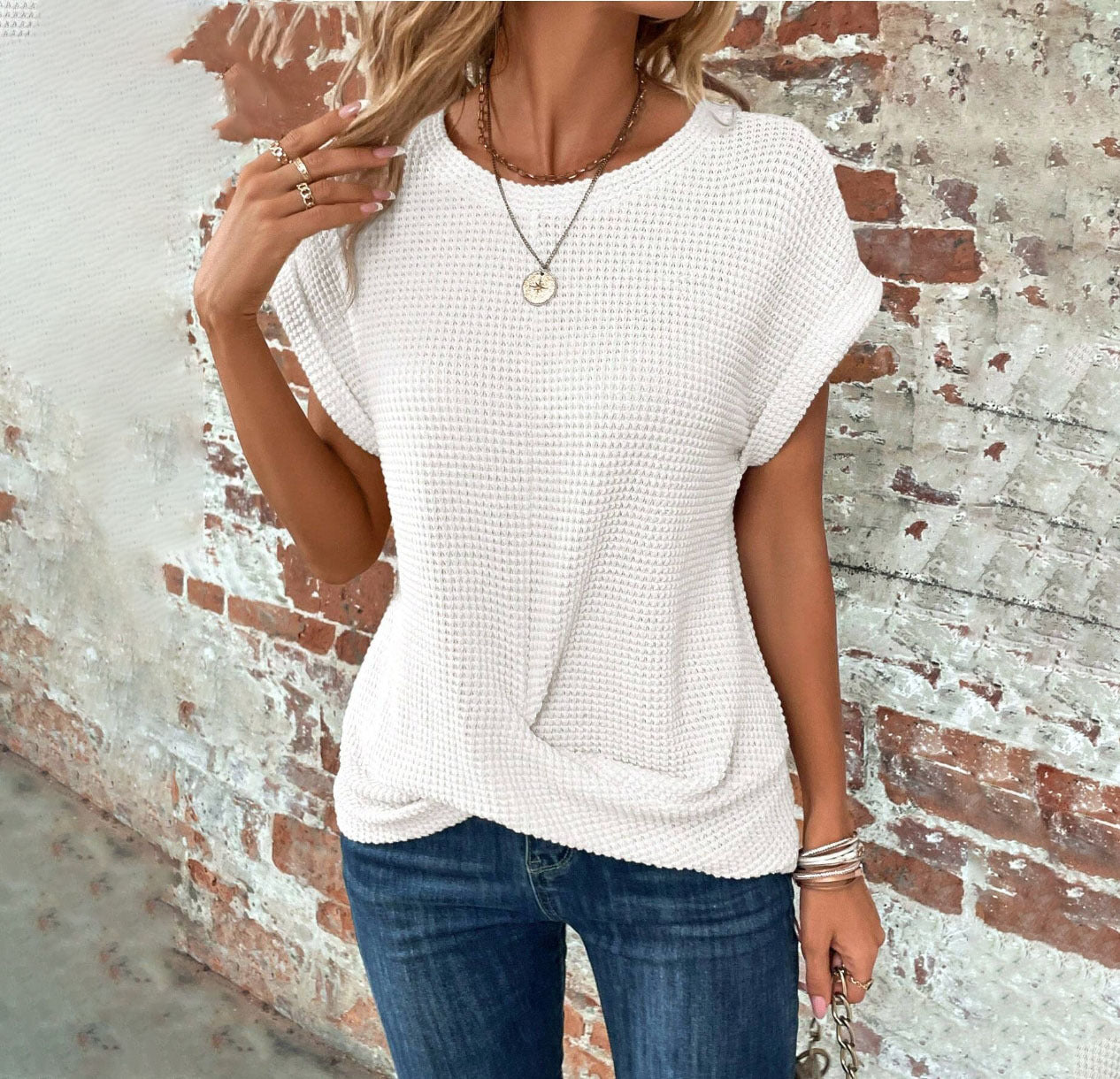 Women's Waffle Texture Crew Neck T-Shirt Short Sleeve Polyester Summer Top