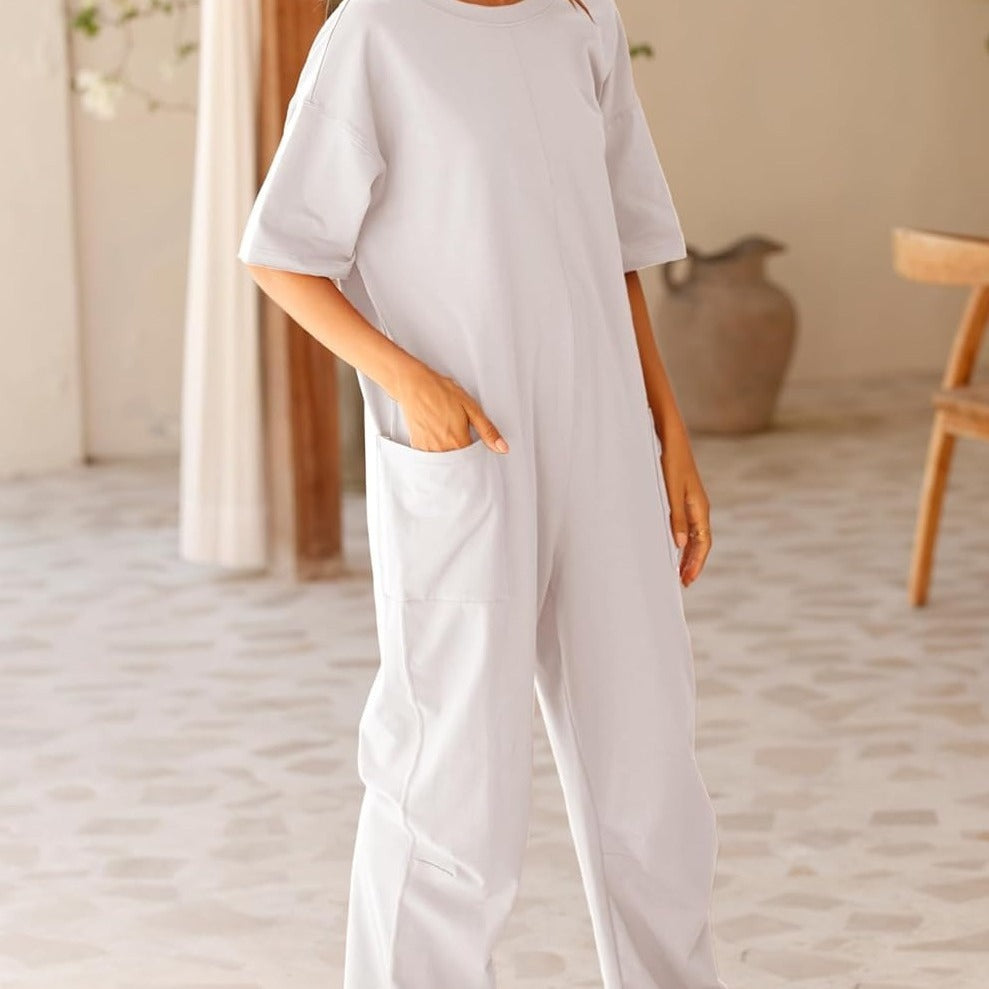 Women's V-Neck Jumpsuit Stretch Polyester with Pockets Casual Spring Summer One-Piece