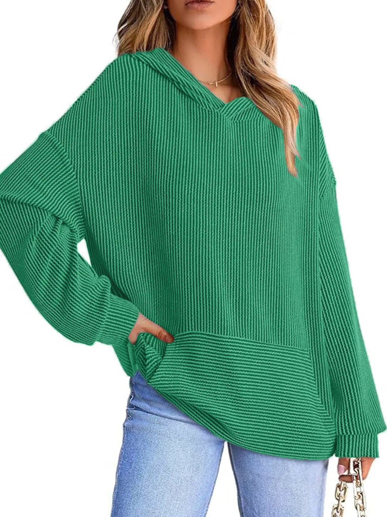 Sarah Express Women's Ribbed Oversized Hoodie Sweatshirt with Pocket Green