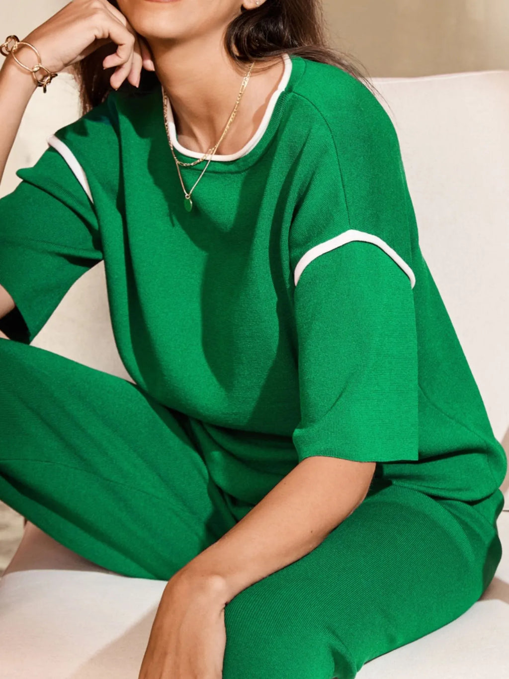 Sarah Express Women's Contrast Trim T-Shirt and Drawstring Pants Set