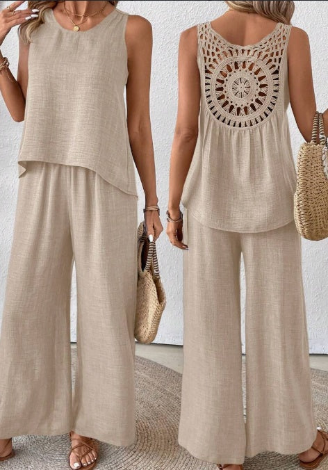 Solid Tank Top Wide Leg Pants Set 2 Piece Summer Vacation Polyester