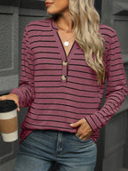 Sarah Express Women's Striped Henley T-Shirt with Button Detail