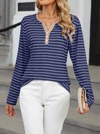 Sarah Express Women's Striped Long Sleeve Henley T-Shirt - Button Front Casual Top