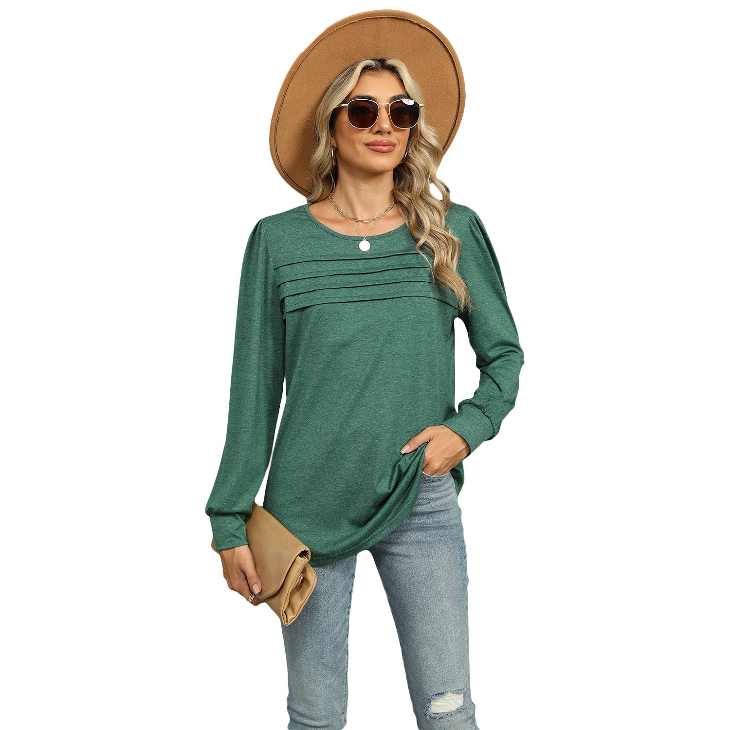 Solid Color U-Neck Pleated Long Sleeve Top for Women