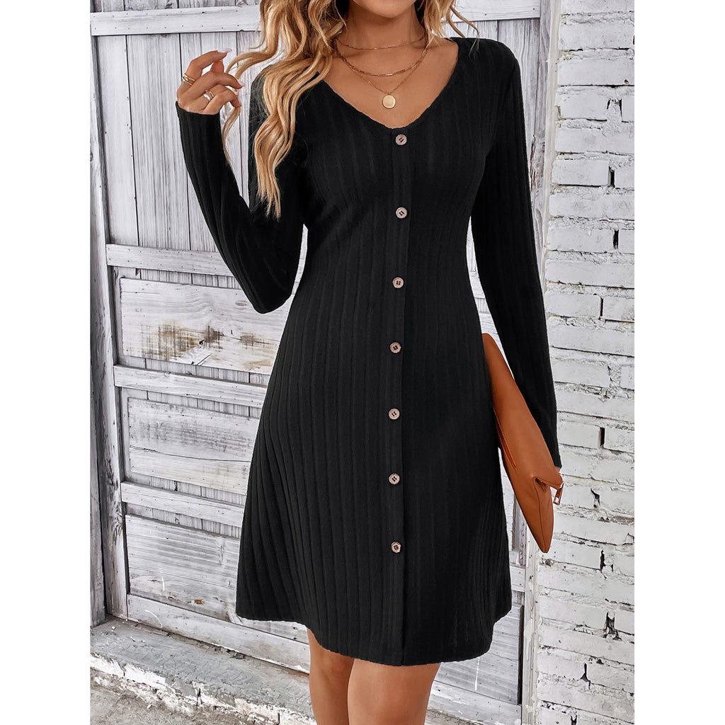 Button Waist Long Sleeve Dress Midi Length