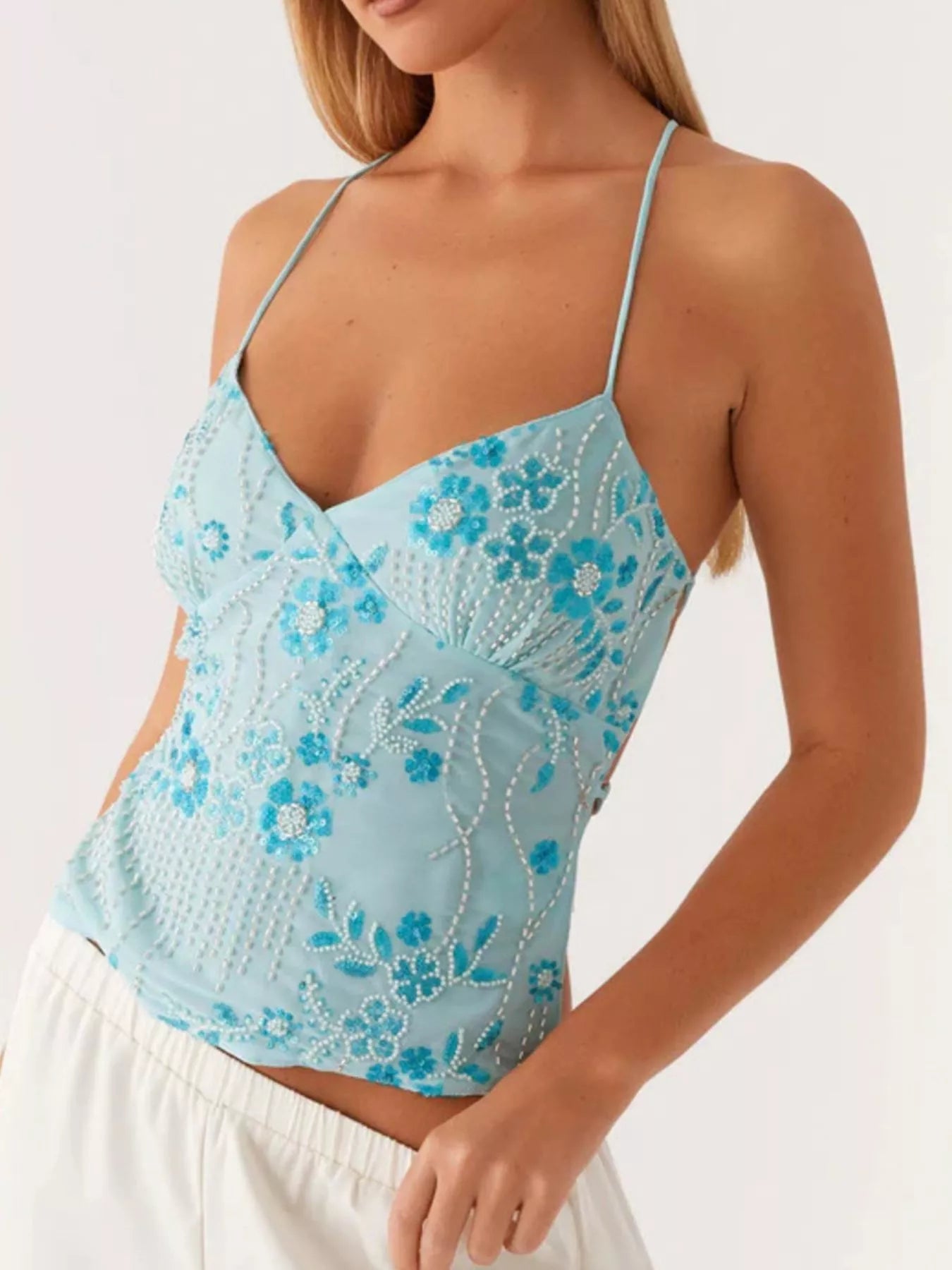 Sarah Express Women's Embroidered Sequin Tie Back Cami Blue