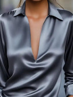 Sarah Express Women's Satin Johnny Collar Long Sleeve Blouse