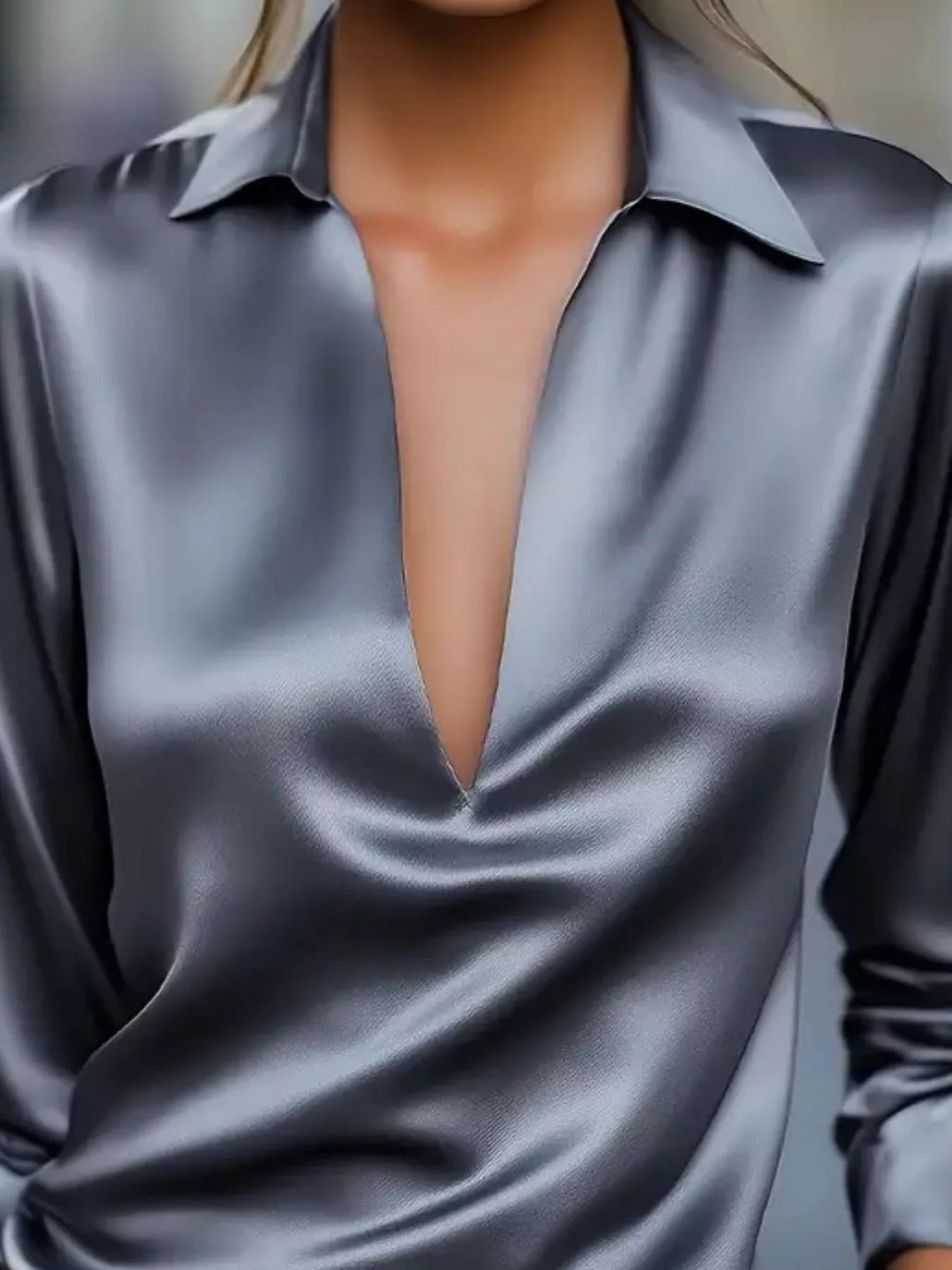 Sarah Express Women's Satin Johnny Collar Long Sleeve Blouse