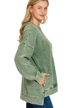 Sarah Express women’s plus size acid wash sweatshirt with double ribbed texture and a modern hi-low hem.