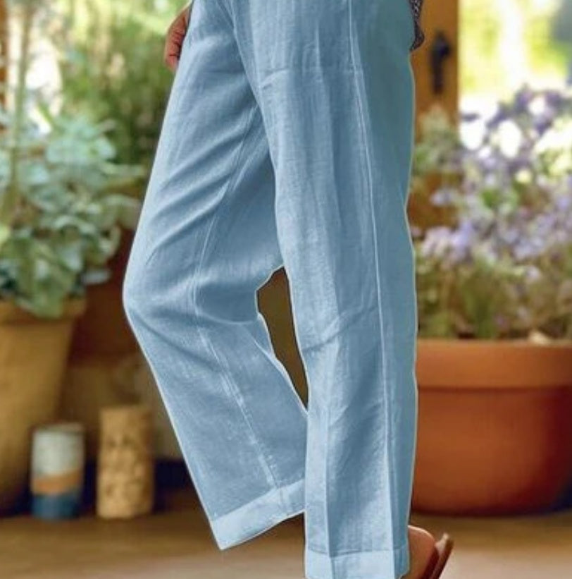 Women's Cotton Straight Leg Pants - Casual Mid-Waist Loose Fit Trousers
