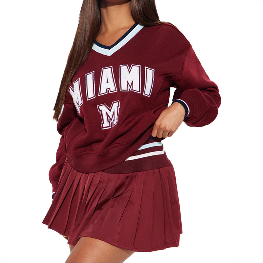 Women's Letter Print V-Neck Sweater Pleated Skirt Two-Piece Set