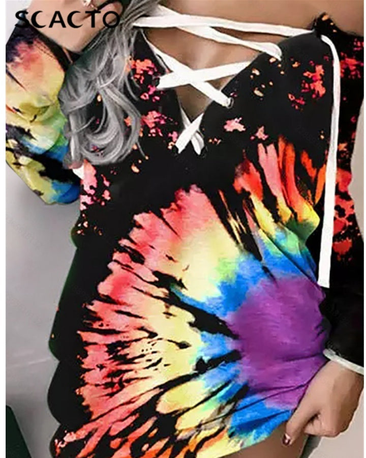 Women's Off-Shoulder Graffiti Print Lace-Up Long Sleeve Top