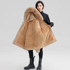 Sarah Express Women's Horn Button Parka Coat with Fur Collar Loose Fit Thick Winter Jacket