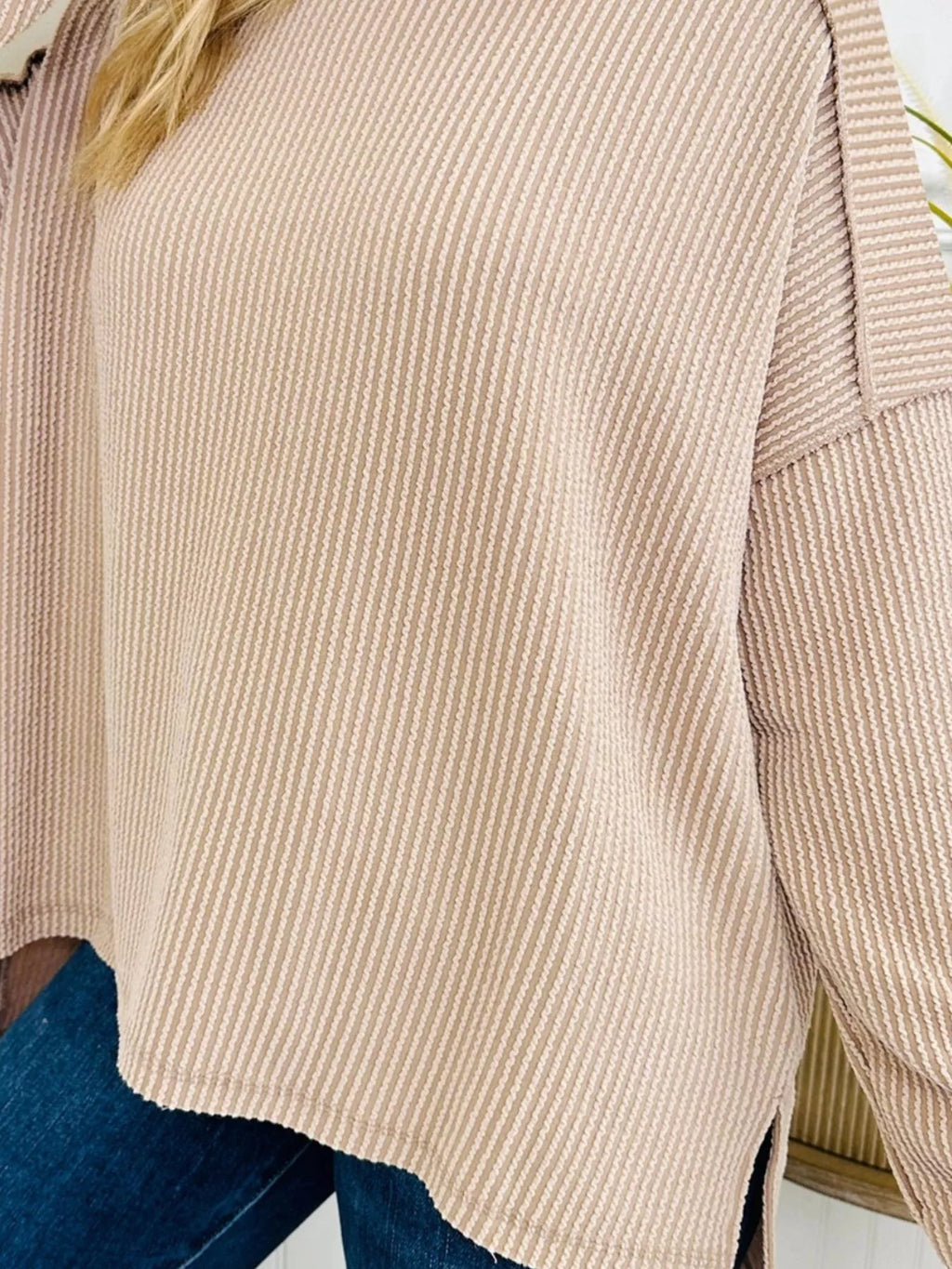 Sarah Express Women's Twist Ribbed Exposed Seam Detail Long Sleeve Loose Top