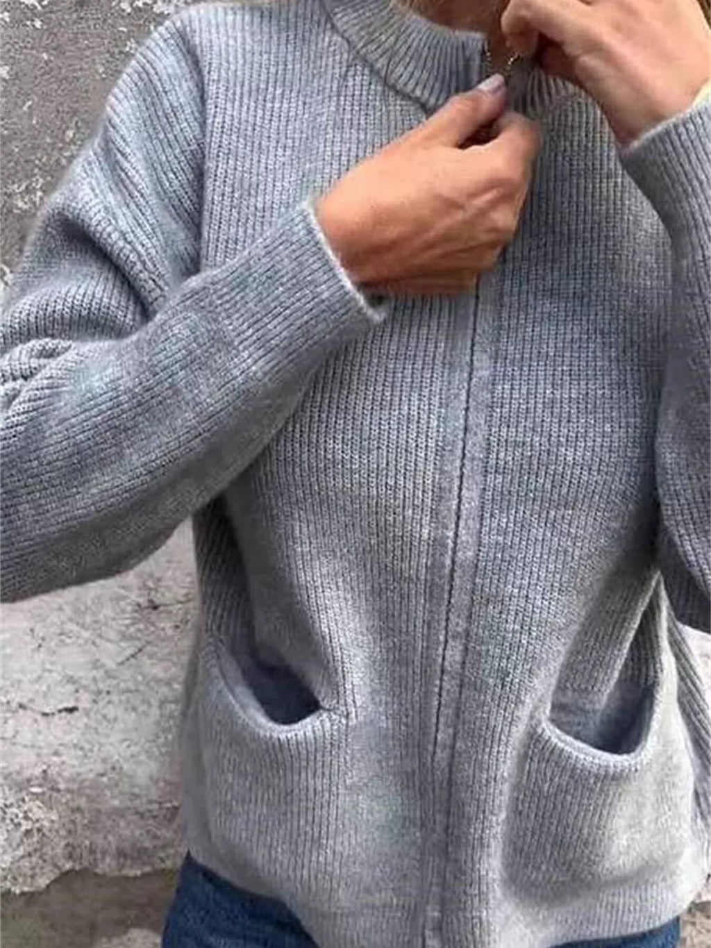 Sarah Express Women's Zip Up Ribbed Knit Cardigan with Front Pockets Plus Size